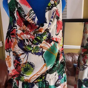 New York  & Company Butterfly Color Splatter Cowl Neck Pocket Dress